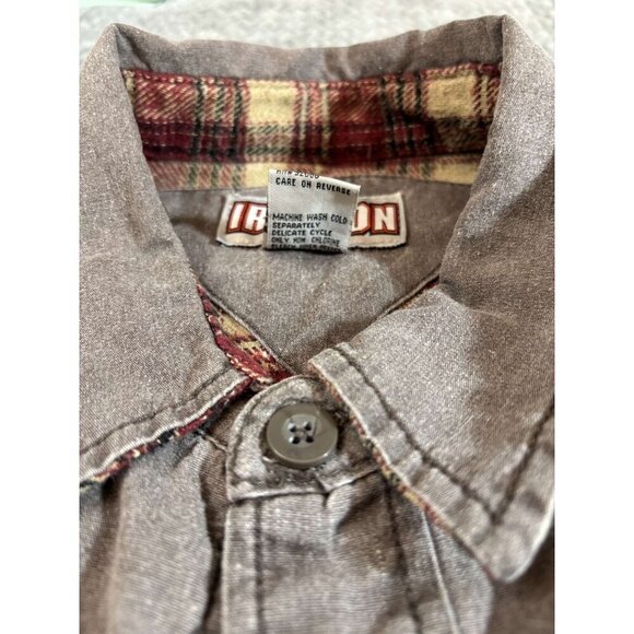 Mens Ironton Brown Faded Button-Up Chore Shirt Plaid Fleece Lining Pockets M - Picture 4 of 8
